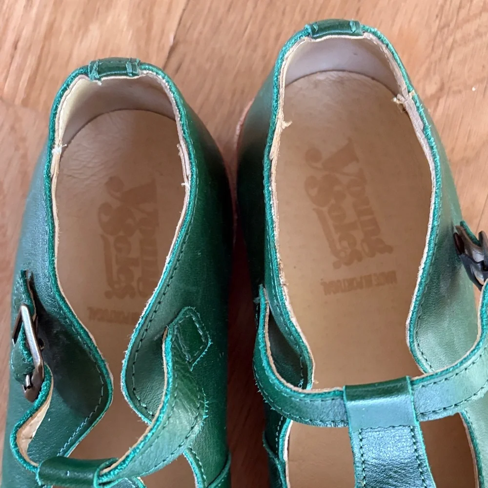 Girls Young SolesGreen Leather T-Strap Shoes